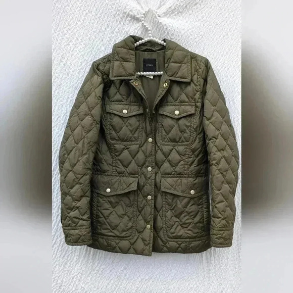 J. Crew Women's Army Green Quilted Lightweight Small Jacket Gold Hardware Button - Picture 3 of 6